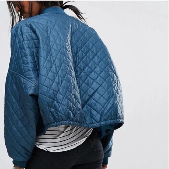 Free People Quilted Blue Bomber Jacket - Picture 2 of 8